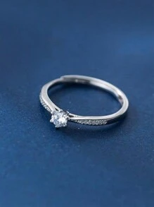 HuooNew 1pc Shiny 925 Sterling Silver Rhinestone-set Adjustable Ring, With Six-claw Open Design And Gift-ready Packaging - Silver - View 2