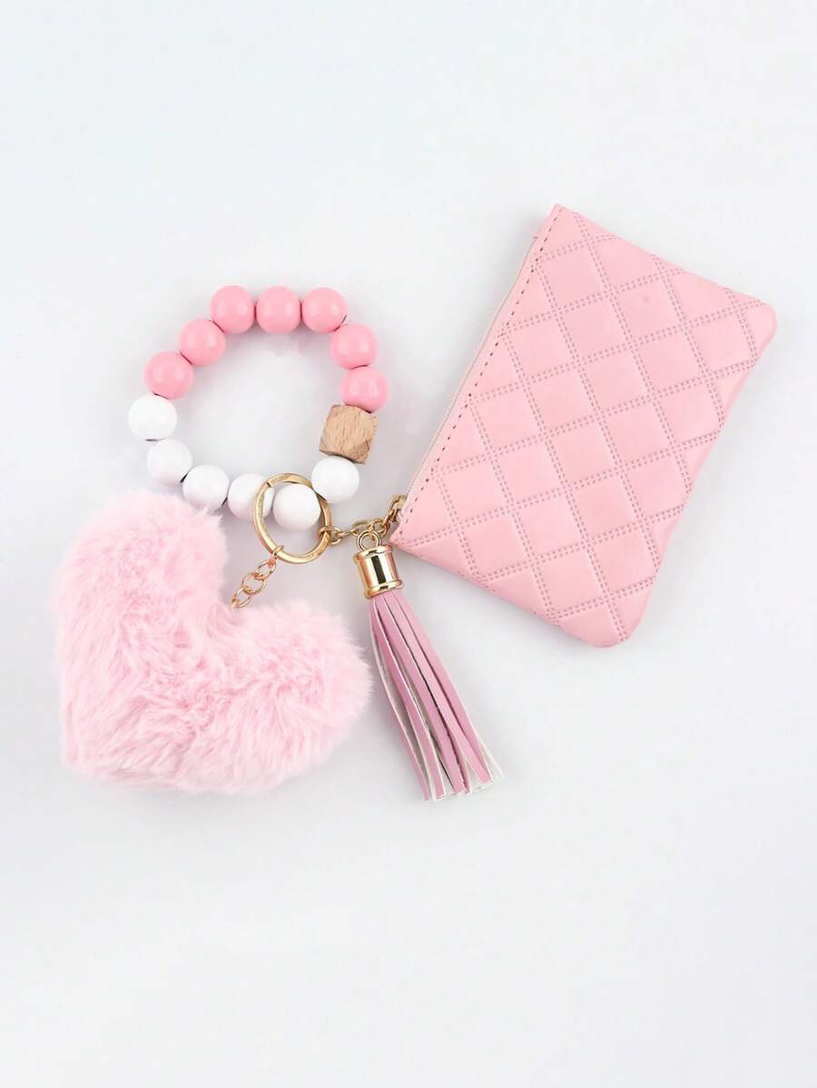 1 件创意串珠腕带 PU 淡粉色格子流苏零钱包，配毛绒绒球和心形钥匙扣，情人节情人汽车配件包饰背包学校可爱哥特 Y2k 万圣节配饰教师节圣诞节礼物创意包饰挂绳带身份证夹汽车配饰包饰
