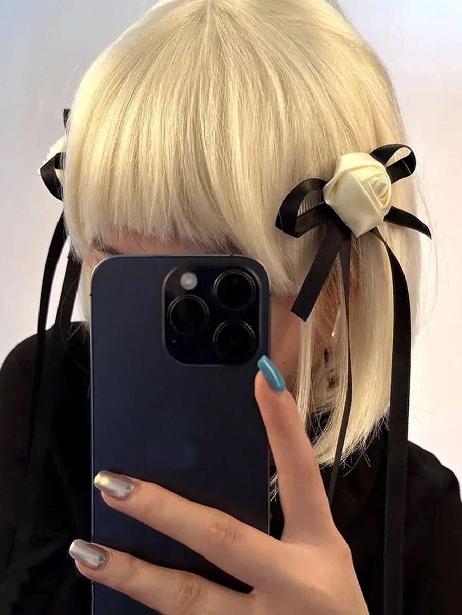 2件套女士玫瑰花蝴蝶结发夹，适合各种场合，可爱女巫情人节礼物，发饰，发夹，发爪夹，发卡，学生用品，优雅，学院风，女士冬季装扮，蝴蝶结 - 黑與白 - 查看 1