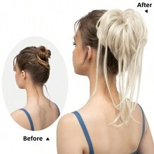 Messy Bun Hair Piece, Curly Bun Hair Extension, Straight Hair Tail, Hair Scrunchie, Ponytail Hair Piece, Women Platinum Blonde - White - View 2