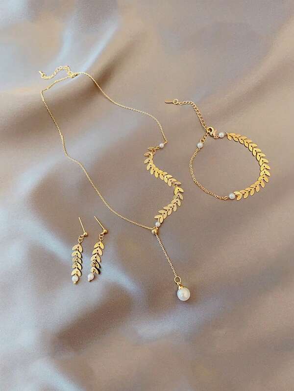 1set Wheat Spike Shape Faux Pearl Necklace, Bracelet And Earrings Set