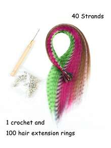 16 英寸女式假日派對彩色羽毛條紋合成接發套裝帶 10 至 60 件、鉤針和矽膠圈