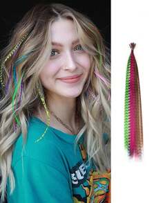 16 英寸女式假日派對彩色羽毛條紋合成接發套裝帶 10 至 60 件、鉤針和矽膠圈