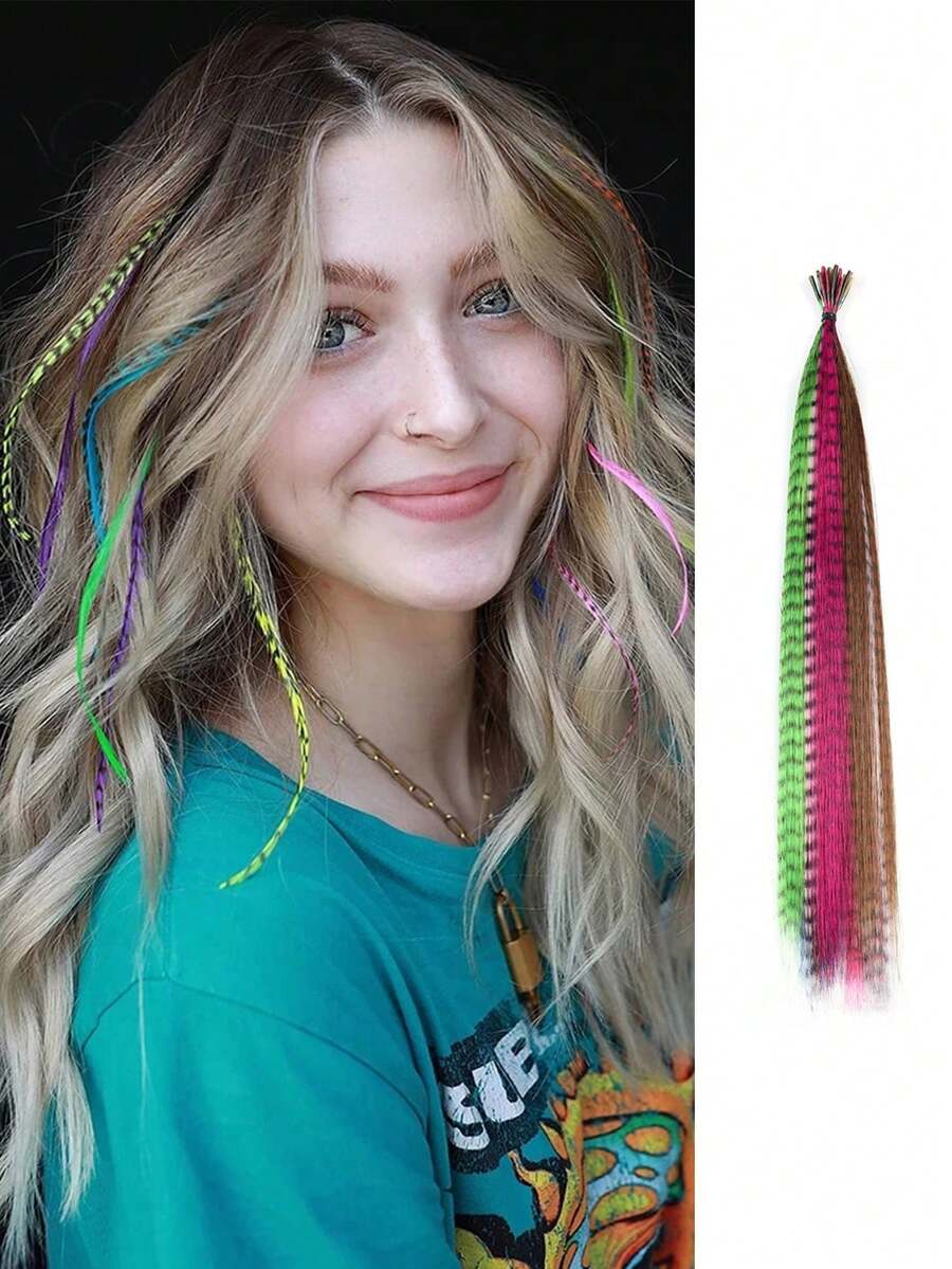 16 英寸女式假日派對彩色羽毛條紋合成接發套裝帶 10 至 60 件、鉤針和矽膠圈