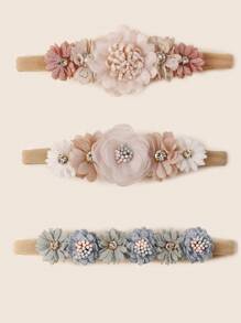 3pcs Ivory-colored Craft Flower & Rhinestone Decorated Seamless Elastic Hair Ties For Kids' Festive Decoration