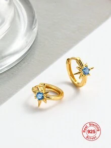 1 對 925 純銀鍍金八角星星和海藍色方晶鋯石女式耳環,送給女孩的時尚奢華珠寶禮物 - 金色 - 查看 2