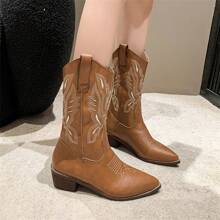 2023新款西部風牛仔中筒靴,女性尖頭,厚跟高跟,秋冬瘦身效果 - 棕色 - 查看 1
