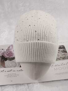 1 Pieza Sombrero De Invierno De Mujer Tejido Con Piedras Preciosas Para Actividades Al Aire Libre - Blanco - Ver 1