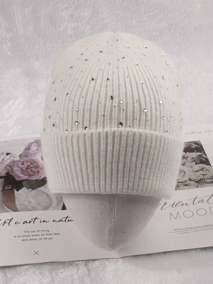 1 Pieza Sombrero De Invierno De Mujer Tejido Con Piedras Preciosas Para Actividades Al Aire Libre - Blanco - Ver 1