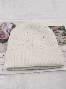 1 Pieza Sombrero De Invierno De Mujer Tejido Con Piedras Preciosas Para Actividades Al Aire Libre - Blanco - Ver 3