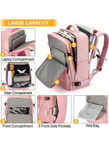 Mochila De Viaje De Poliéster Multifuncional De Gran Capacidad Con Múltiples Compartimentos, Adecuada Para Viajes Y Actividades Al Aire Libre - Rosa - Ver 2