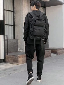 1入組素色多功能牛津布後背包適用於計算機,辦公室,通勤,日式風流行功能後背包,大容量旅行包適用於學校學生,使用,適合男士,遠足,,工作休閒後背包輕便 - 黑色 - 查看 6