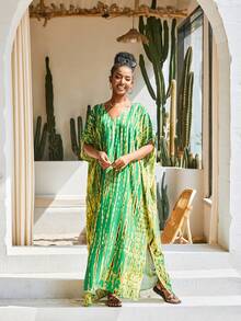 Green Tie Dye Batwing Sleeve Split Hem Kaftan Dress - Green - View 2