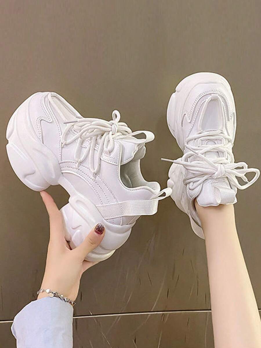 女式時尚簡約純色厚底繫帶坡跟運動鞋舒適高跟耐磨厚底休閒鞋