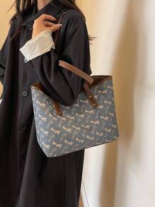 1個大容量女士多功能極簡肩袋,適用於學校和工作,手提袋 - 藍色 - 查看 4