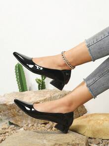 女士尖頭粗跟pu皮革中跟鞋,2023年秋季的舒適優雅設計 - 黑色 - 查看 2