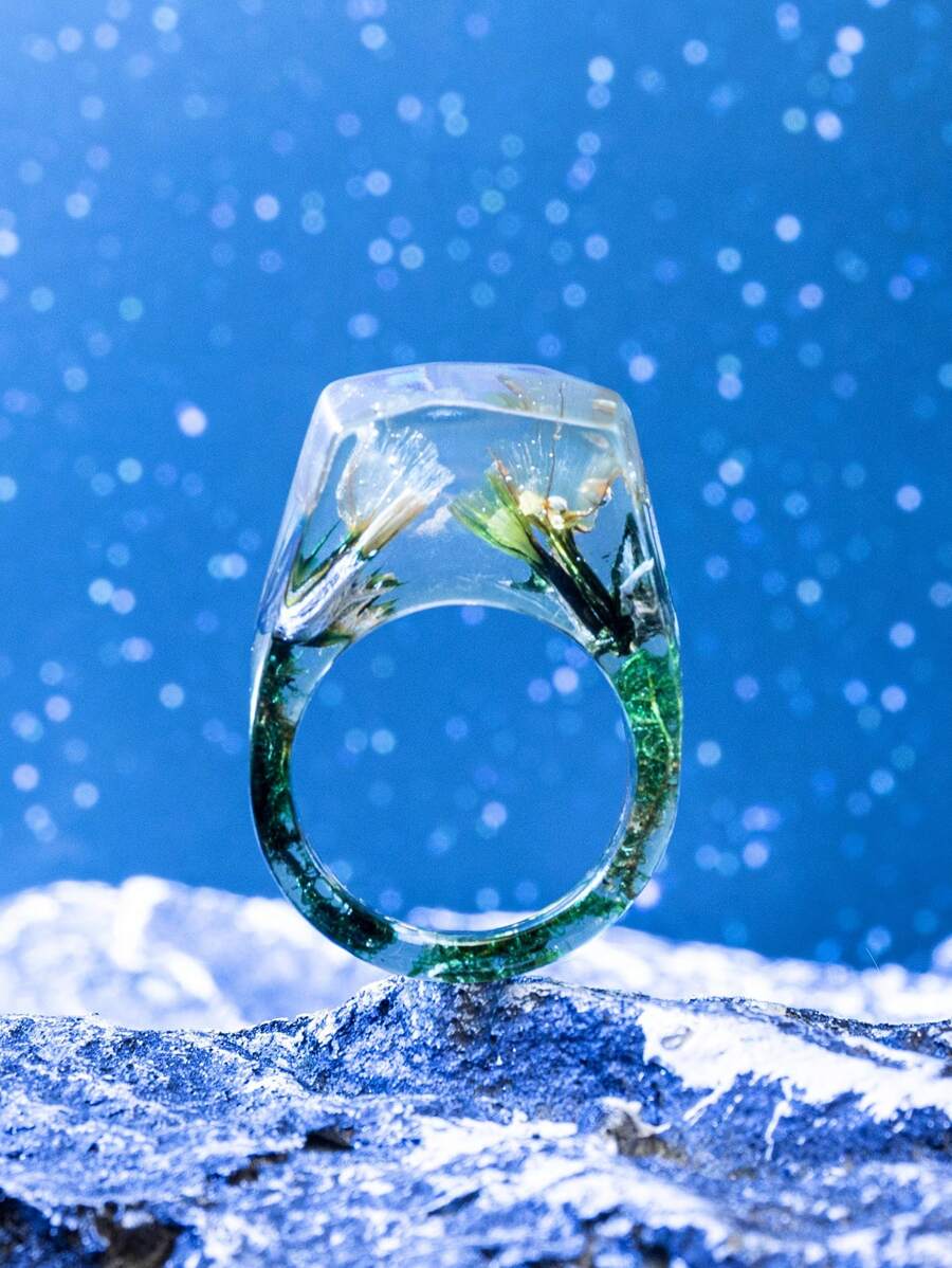 1入復古風格樹脂材質戒指,附有乾花裝飾,適用於女性秋季珠寶