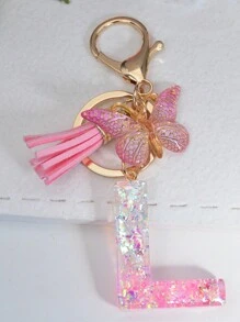Boho 1pc Pink Glitter Alphabet Letter Keychain - Pink - View 5