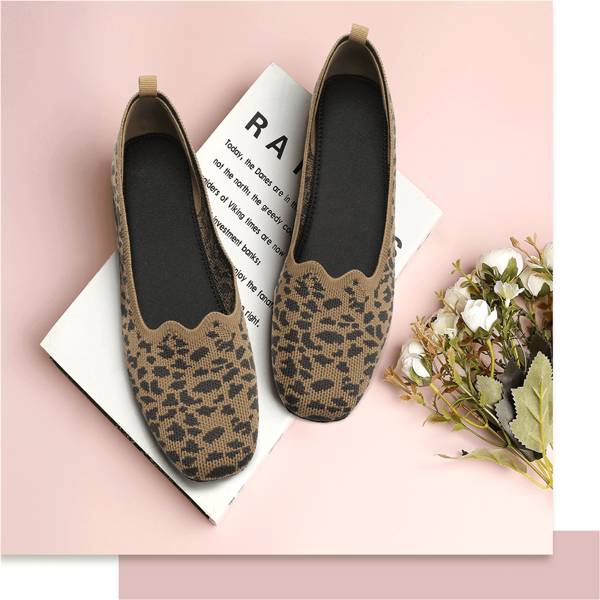 Women's Ballet Flats Slip On Knit Mesh Flexible Square Toe Flats Shoes Leopard