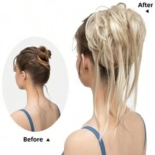 凌亂髮髻髮片捲髮髮髻延伸直尾髮圈馬尾假髮女式髒金髮