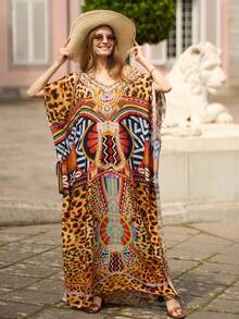 Vintage Print Split Thigh Caftan Dress - Multicolor - View 8