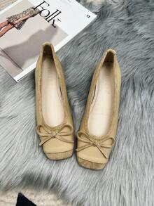 Women's Square Toe Mary Jane Flats, French Style With Soft Sole And Bowknot Detail, Khaki - Khaki - View 3