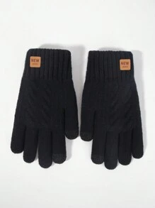 1pair Men's Winter Black Double-layered Plush Thick Knit Touch Screen Gloves, Warm, Full Finger, New Casual And Stylish Simple Design, Suitable For Parties, Dinners, Driving, And Daily Use