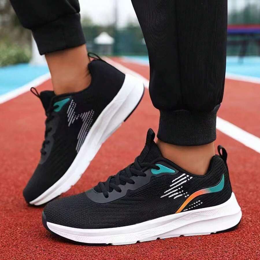 男士春夏季字母拼接裝飾綁帶,輕質,透氣針織運動休閒鞋野外運動布料跑步鞋