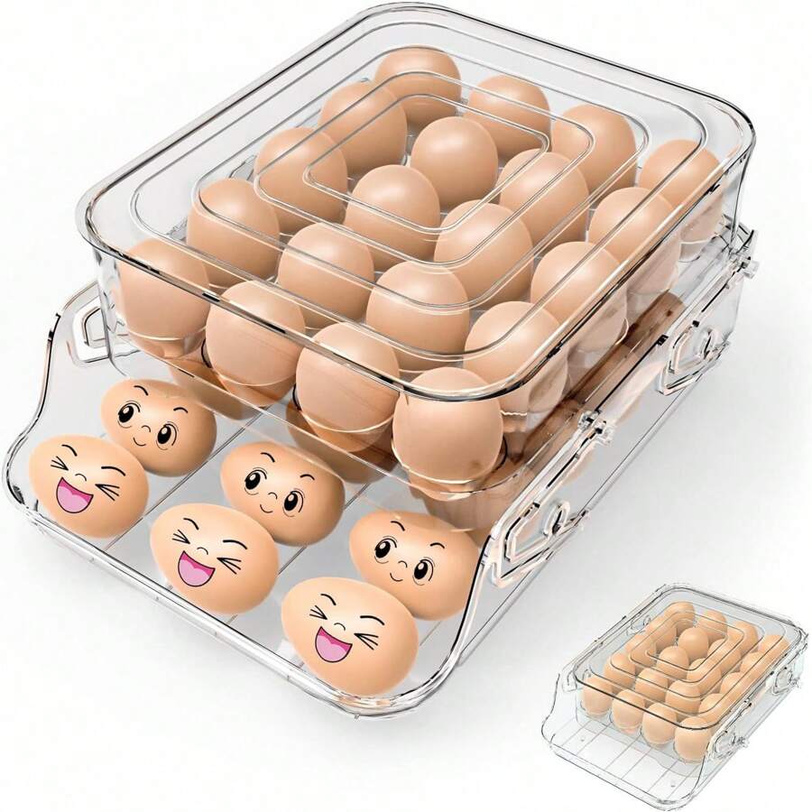 Large Capacity Egg Holder For Refrigerator - 40 Egg Fridge Organizers Holder, 2 Layers Folding Egg Storage Container for Refrigerator, Egg Holder & Egg Tray - Clear - View 1