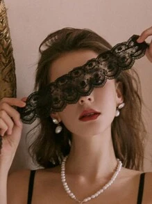 Women's Black Sexy Perspective Lace Eye Mask With Fluttering Ribbon Decoration - Black - View 1