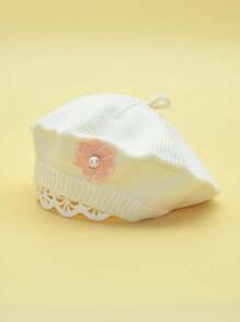 1pc Little Girls' Knitted Beret Hat With Pearl Flower Decor - Beige - View 1