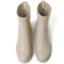 Womens Lug Sole Chelsea Boots Block Chunky Heel Mid Calf Boots Platform Ankle Booties Slip On - Màu be - Xem 3