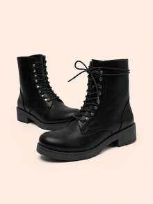 Women's Combat Boots Side Zipper Studded Booties Lace Up Ankle Boots - 黑色 - 查看 6
