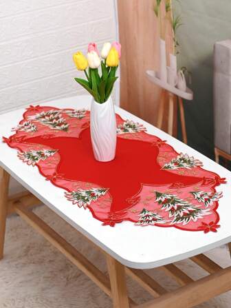 1 件聖誕樹式餐墊,紅色聚酯緞布,尖頭,毛線和水溶性蕾絲刺繡,適合聖誕節和日常使用
