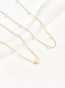 2入組女士心形人造珍珠項鍊套裝,適合約會、度假和聖誕禮物