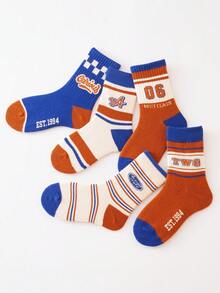 5入組男童藍色和橙色的字母二和數字條紋中筒襪,適用於秋冬季節(6-12個月)(1-2)(2-3)(3-8)歲 - 彩色 - 查看 2