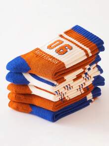 5入組男童藍色和橙色的字母二和數字條紋中筒襪,適用於秋冬季節(6-12個月)(1-2)(2-3)(3-8)歲 - 彩色 - 查看 3