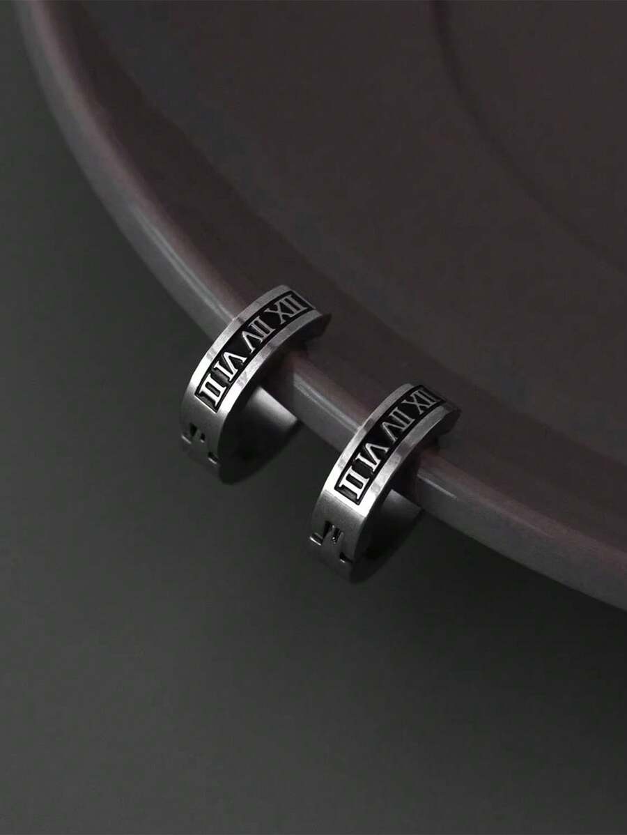 1 Pair Minimalist Vintage Titanium Steel Roman Numeral Clip-On Earrings, Suitable For Men Without Pierced Ears For Daily Wear