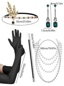 1920年代女性賽馬主題派對頭飾套裝,包括髮箍、手套、珍珠項鍊、香煙夾、長耳環和復古風格的服飾配件