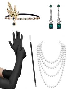 1920年代女性賽馬主題派對頭飾套裝,包括髮箍、手套、珍珠項鍊、香煙夾、長耳環和復古風格的服飾配件