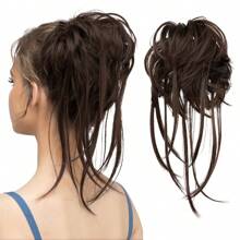 Messy Bun Hair Piece Curly Hair Bun Extensions with Straight Tails Hair Scrunchies Ponytail Hairpieces for Women Dark Brown