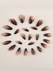 法國復古玫瑰中型杏仁形假指甲,24 件/包,含 1 支果凍膠,1 個指甲銼 - 彩色 - 查看 4