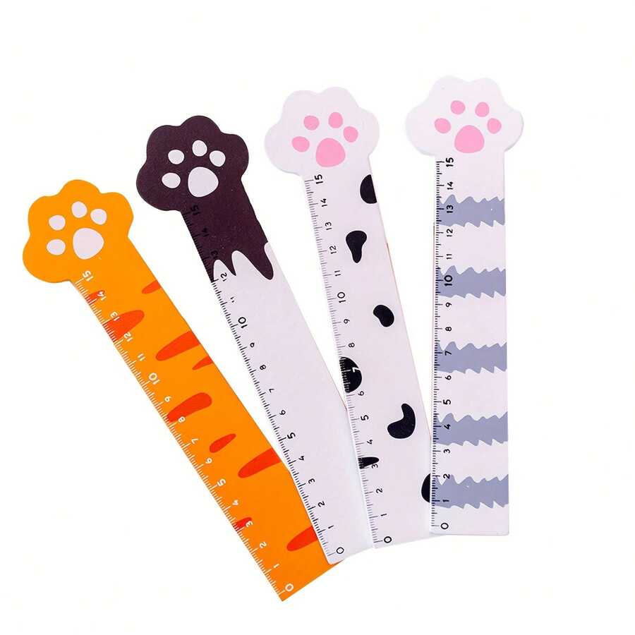 4 件装木制卡通猫爪直尺，方便实用，波浪形直尺，测量工具，文具，数学几何，旅行办公用品礼品，尺子 - 彩色 - 查看 1
