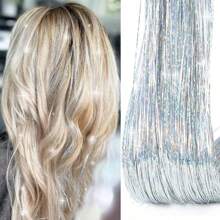 Hair Tinsel 48Inch 200 Strands Glitter Hair Extensions Sparkling Shiny Hair Tinsel Strands Kit Heat Resistant For Women Girls 1pc Silver Color - Silver - View 1