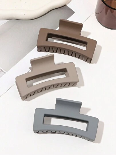 3件套灰色和卡其色8.5厘米方形发爪，简约纯色发夹，适合日常休闲佩戴，发饰，发爪夹，发夹，发卡，秋冬度假装扮，女士夏季装扮发夹