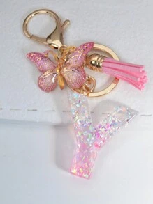 Boho 1pc Pink Glitter Alphabet Letter Keychain - Pink - View 8
