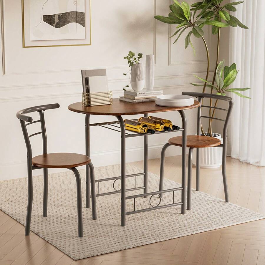 Flamaker Furmax 3 Piece Wood Round Table & Chair Set For Dining Room Kitchen Bar Breakfast, With Wine Storage Rack, Space Saving