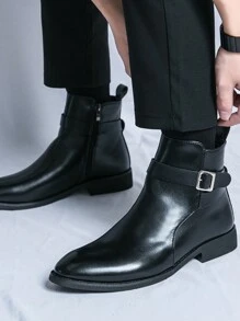 韓國風格尖頭pu皮男短靴時尚機車靴內增高男靴大尺碼男鞋男靴45/46/47切爾西時尚pu皮男高筒鞋 - 黑色 - 查看 2