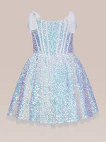 1件青少女無袖肩帶閃亮中長派對裙 - 白色 - 查看 7