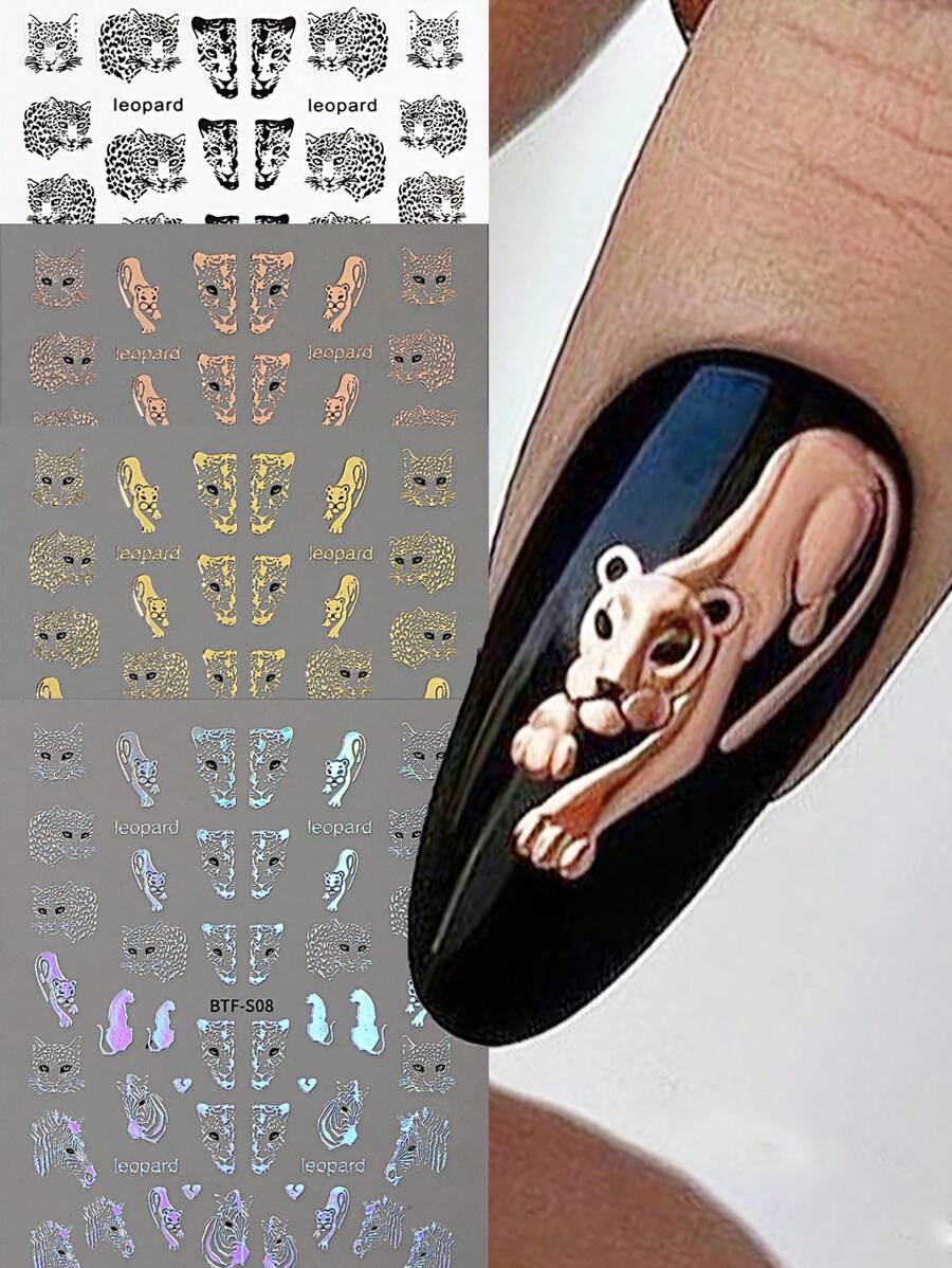 4入組3d豹紋/虎紋/斑馬紋野生動物印花箔紙金色燙銅美甲貼,冬季裝飾美甲 - 彩色 - 查看 1